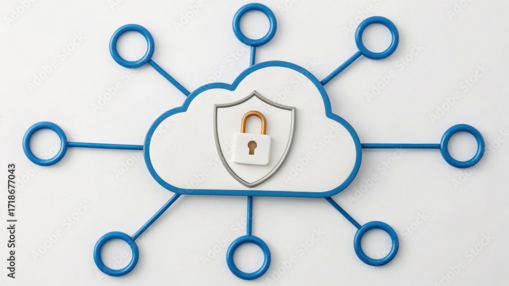 Poster a cloud symbol featuring a shield and padlock, representing cybersecurity and data protection in a d