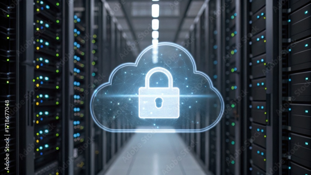 Poster a digital cloud with a lock symbol appears in a server room, indicating secure data storage and prot