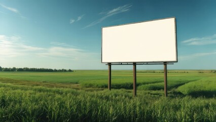 Blank billboard stands against vast green field and blue sky, inviting your message to reach a wide audience.