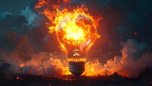 Fiery incandescent bulb amidst inferno