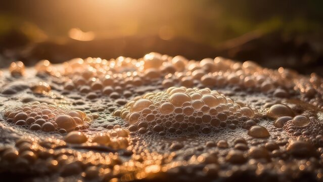 Captivating close-up of foamy bubbles shimmering with warm golden sunlight, creating a serene and natural abstract texture
