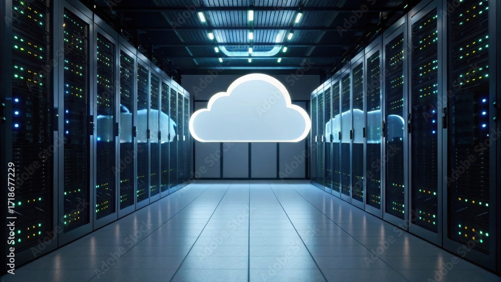 Poster a modern data center featuring rows of servers, illuminated by blue lights, with a cloud symbol disp