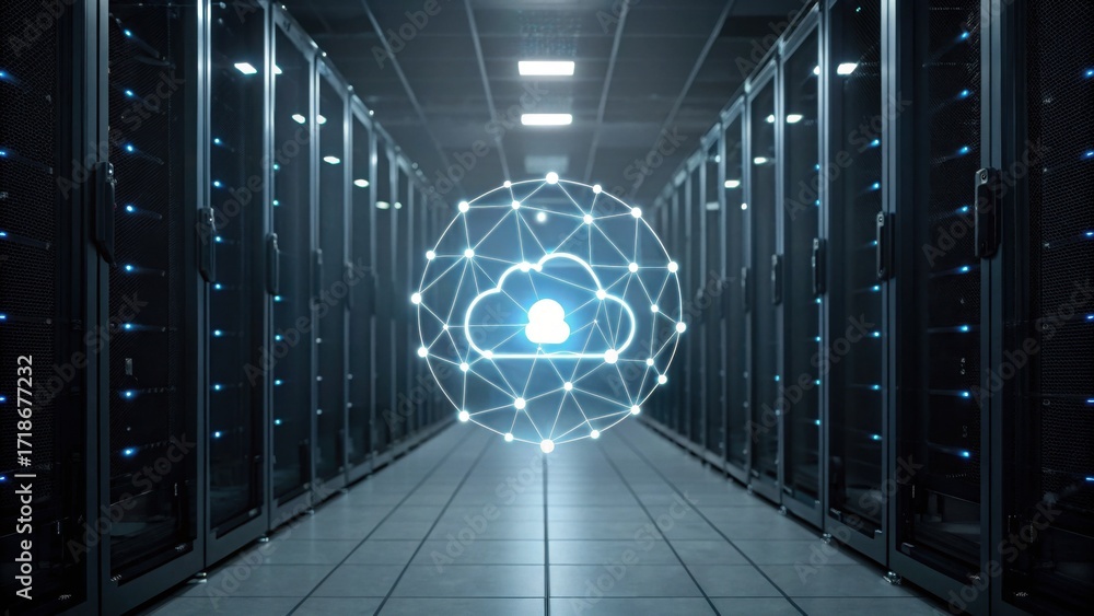 Poster a futuristic data center with server racks and a glowing cloud icon representing cloud computing tec
