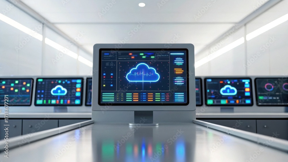 Poster a modern control room featuring multiple monitors displaying data analytics and cloud technology vis
