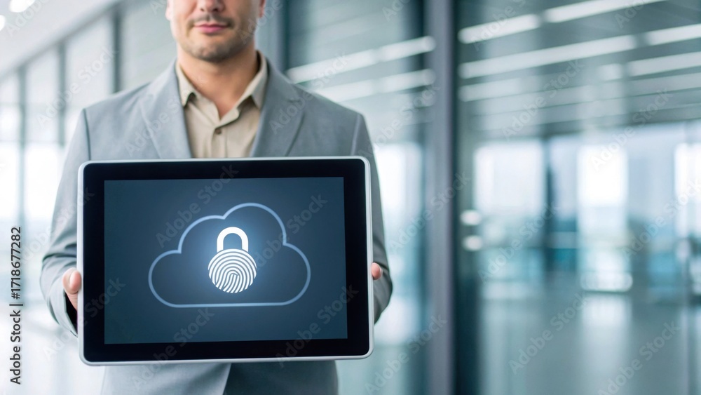 Poster a man in a suit holds a tablet displaying a cloud security icon with a fingerprint, symbolizing digi
