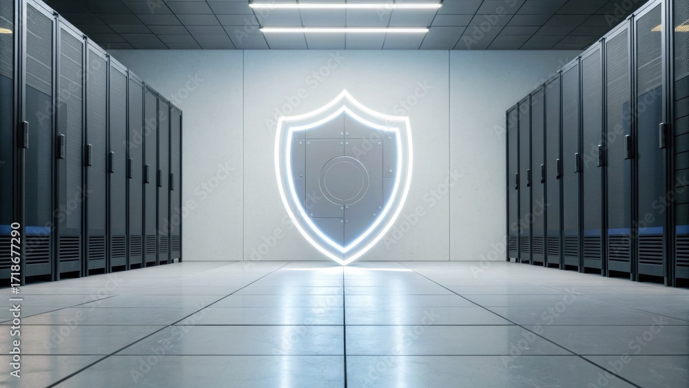 Poster a sleek data center with server racks, featuring a glowing shield symbol, representing cybersecurity