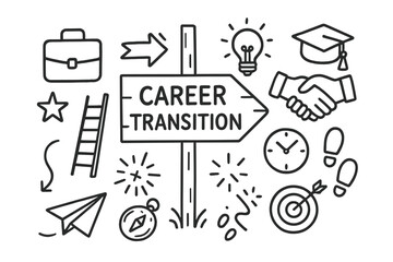 Fototapeta premium Career Transition Symbols. Hand-drawn doodle illustration Career transition roadmap signpost, briefcase, ladder, arrow, book, handshake, light bulb, clock,