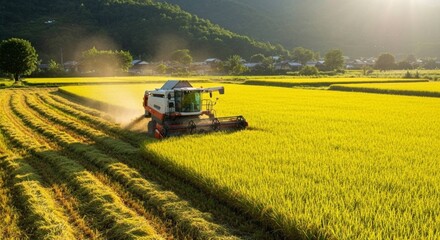 Fototapeta premium A large combine harvester machine is working in a golden rice field during harvest season, leaving neat rows of cut crops behind.
