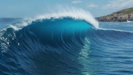 Obraz premium Powerful, crystal-clear turquoise wave barrels dramatically against a sunny blue sky with distant rugged coastline providing a breathtaking natural spectacle.