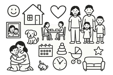 Family Life Icons. Hand-drawn doodle illustration [family life] [parents, children, house, heart, dinner table, smiley face, pet, calendar, photo frame,