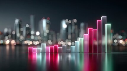 Neon Holographic Bar Chart Against a Blurred Cityscape Background Reflecting on a Dark Wet Surface in Cinematic Lighting