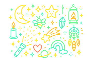 Glowing Night Doodles. Glow in the dark. Colorful Hand-drawn doodle Children illustration moon, star, lantern, candle, firefly, crystal, comet, flashlight,