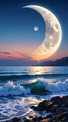 Moonlit seascape, vibrant sunset