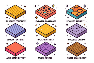 Concrete Texture Icons. Colorful isometric vector icons set of concrete textures and finishes: brushed concrete, exposed aggregate, stamped stone pattern,