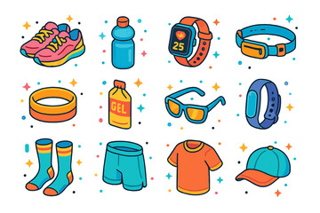 Running Gear Icons. Colorful isometric vector icons set of running gear and accessories: running shoes, water bottle, smartwatch, running belt, sweatband,