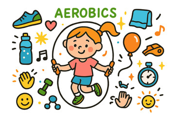 Colorful Aerobics Doodle. Colorful Hand-drawn doodle Children illustration Aerobics session jump rope, sneakers, water bottle, heart, music note, towel,