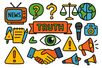 Media Awareness Doodle. Colorful Hand-drawn doodle Children illustration Media bias awareness [TV screen, news ticker, speech bubble, question mark, balance