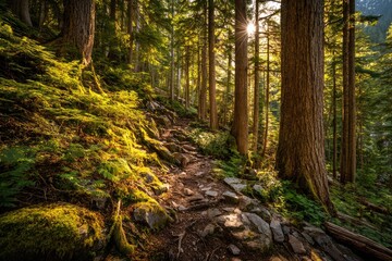 Sunlit forest trail through mossy, rocky terrain
