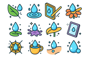 Obraz premium Raindrop Interaction Icons. Colorful isometric vector icons set of raindrop interactions: raindrop hitting leaf, drop on window, drop rolling down surface,