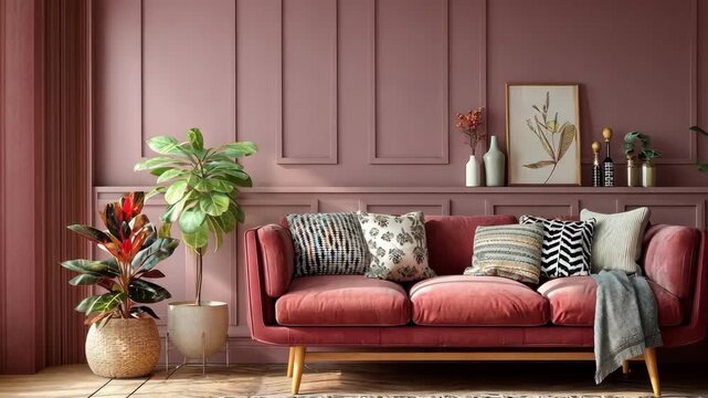 Stylish living room with a plush sofa, plants, and mauve wall. Cozy interior.