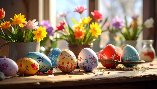 Easter eggs and flowers in a rustic setting - Powered by Adobe