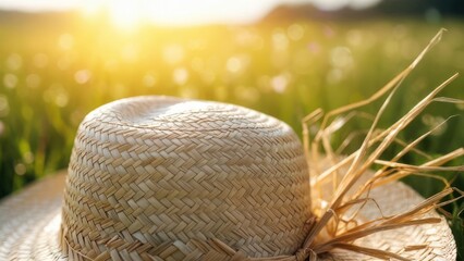 Sun-drenched straw hat rests in a vibrant green field, evoking summer leisure and serene outdoor adventures under golden sunlight.