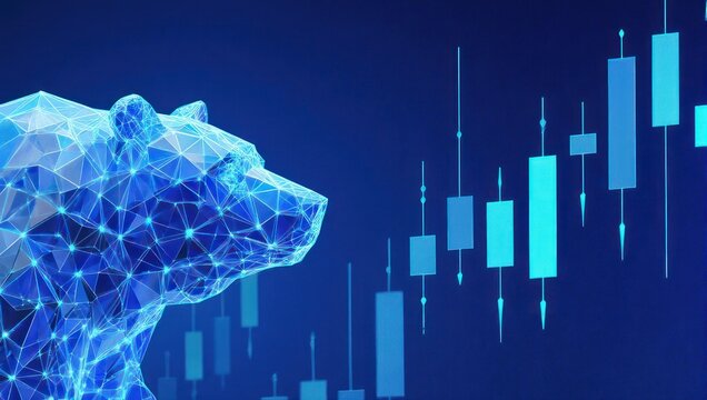 Dynamic low-poly bear graphic symbolizing market downturn with glowing digital candlestick chart in vibrant blue