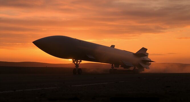 Silhouette of a missile rolling at sunset, military technology, defense industry, transportation, powerful weapon, strategic weapon, fiery sky, dusk, warfare, army, air force, powerful rocket, mi