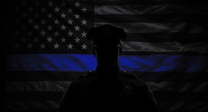 Silhouette of a police officer against a flag with a thin blue line, symbolizing law enforcement and support.