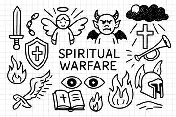 Spiritual Warfare Icons. Hand-drawn doodle illustration [Spiritual warfare] sword, shield, angel, demon, cross, fire, chains, wings, light ray, darkness cloud,