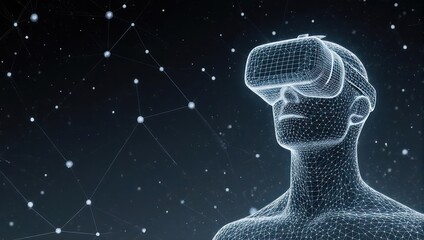 Immersive virtual reality headset wireframe model exploring digital universe network connections