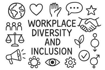Diversity Doodle Icons. Hand-drawn doodle illustration [Workplace diversity and inclusion] [globe, heart, raised hand, people icon, balance scale, speech