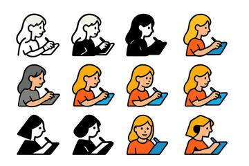 Digital Artist Logo Grid. Set Logo of Young artists: Girl with digital drawing tablet. Logo set in vector style, emblematic variations. line, bold thick line,