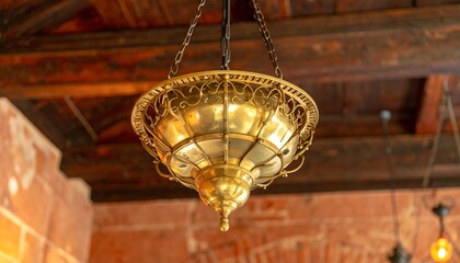 Ornate brass pendant lamp hangs from wooden ceiling