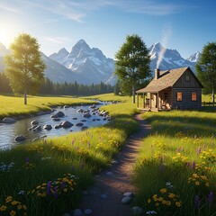 A serene mountain cabin nestled beside a tranquil stream, bathed in warm sunlight.