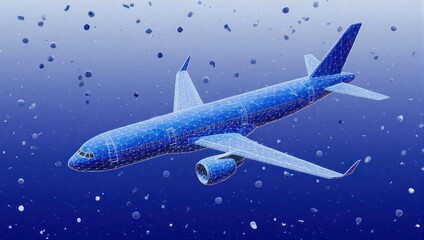 Naklejka premium Futuristic blue airplane navigates abstract digital space filled with glowing particles and geometric shapes, suggesting innovation and advanced technology.