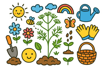 Fototapeta premium Garden Doodle Fun. Colorful Hand-drawn doodle Children illustration Dill in the Garden [dill plant, shovel, watering can, gloves, flower, sun, cloud, rainbow,