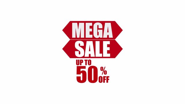 Mega sale advertisement with up to 50 percent off in red and white on a white background for promotional use, mega sale up to 50% off text.
