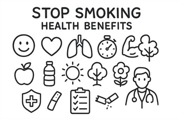 Stop Smoking Benefits Icons. Hand-drawn doodle illustration Stop smoking health benefits [smile face, heart, lungs, stopwatch, muscles, apple, water bottle,