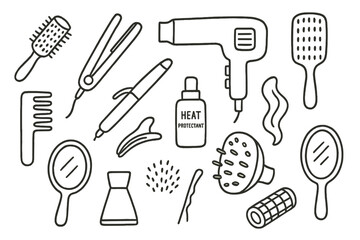 Hair Styling Tools Doodle. Hand-drawn doodle illustration [Styling tools and brushes] [round brush, flat iron, hairdryer, curling wand, paddle brush, comb,