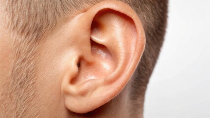 Naklejka premium Close-up of a human ear, showcasing detail and texture of the skin and hair around it.