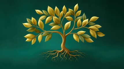 Golden abstract tree with branches following Fibonacci, dark emerald roots, symbolic growth imagery