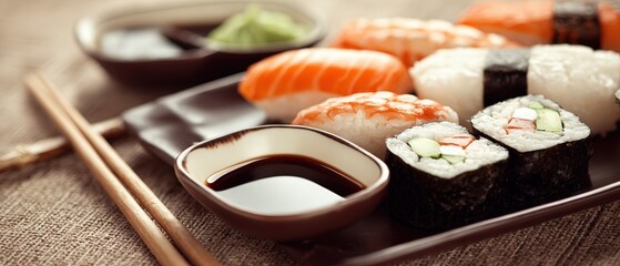 A close up shows delicious sushi with salmon, tuna, seaweed rolls, soy sauce and wasabi on a black tray, ready to be enjoyed now.