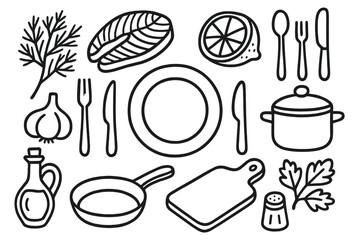 Dill and Fish Doodles. Hand-drawn doodle illustration dill and fish dishes dill sprig, fish fillet, lemon slice, plate, fork, knife, spoon, garlic, olive oil