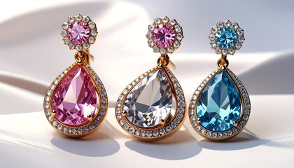 Three teardrop earrings on satin