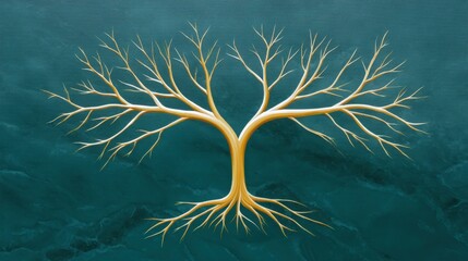 Golden abstract tree with branches following Fibonacci, dark emerald roots, symbolic growth imagery