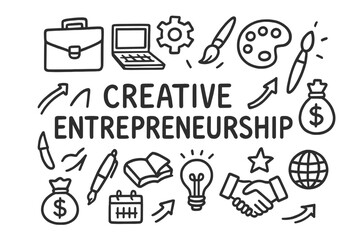 Creative Entrepreneurship Icons. Hand-drawn doodle illustration Creative entrepreneurship [briefcase, laptop, gear, palette, paintbrush, pen, book, light bulb,
