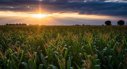 A vast expanse of golden cornfield bathed in the warm glow of a dramatic sunset.