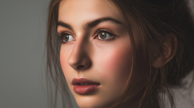 Half-Body Portrait of Young Female with Natural Makeup, Soft Side Lighting, Simple Beige Background, DSLR 50mm Lens, f/3.5 Aperture, ISO 160, Photorealistic Studio Quality