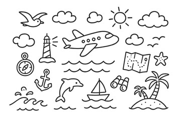 Oceanic Adventure Icons. Hand-drawn doodle illustration crossing the ocean by plane airplane, clouds, waves, seagull, lighthouse, compass, anchor, dolphin,